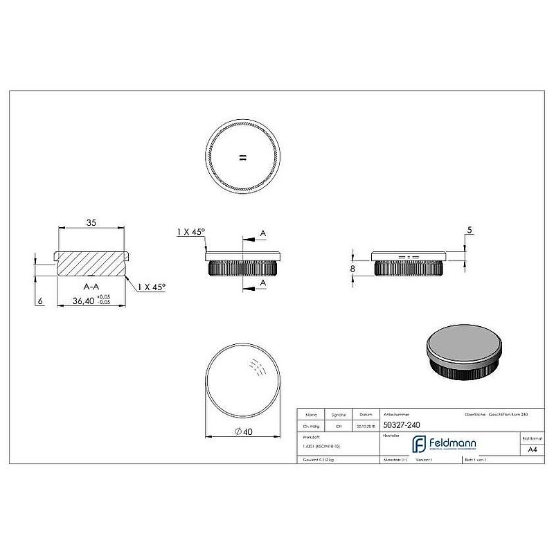 Rohrabschlussstopfen, für Rohr 40,0x2,0mm, V2A