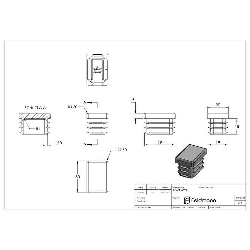 Bouchon plastique pour tube rectangulaire 30x20mm