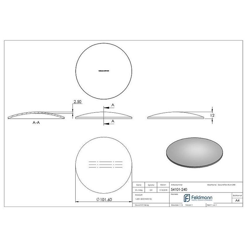 Domed bowl Ø 101.6x2.5mm, H: 12mm, AISI304