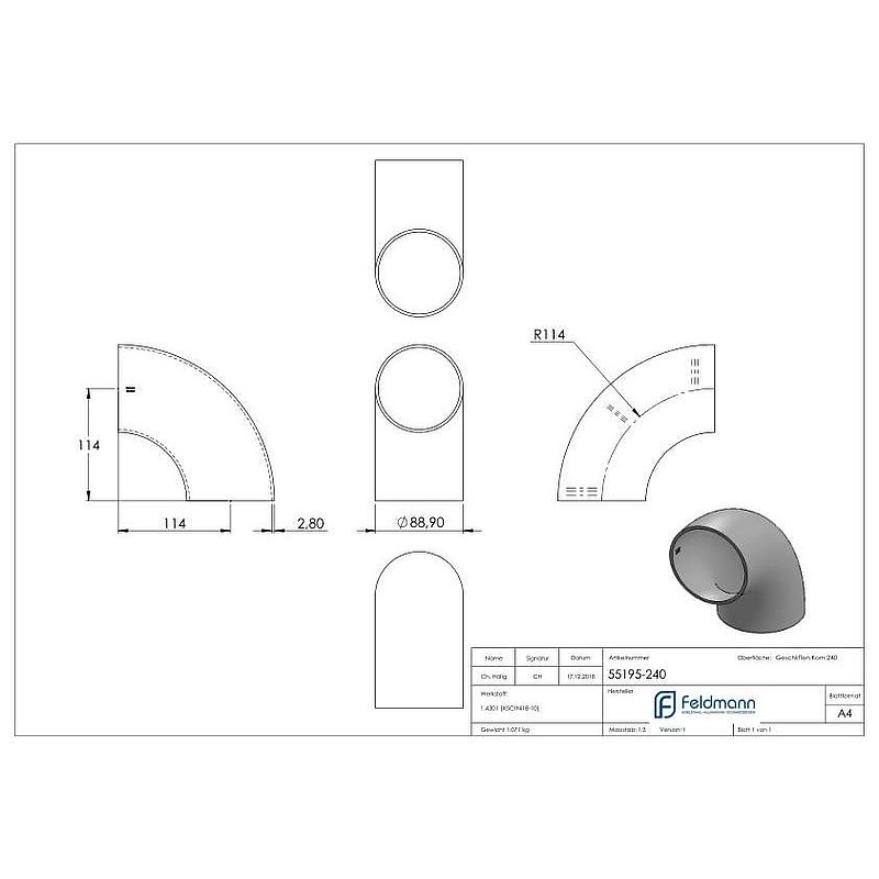 Schweißbogen 90°, 88,9x2,0mm, V2A