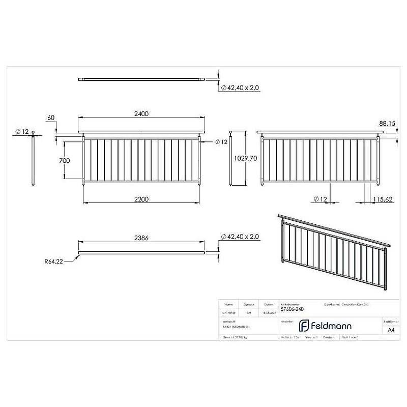 French balcony grille, straight, W: 2200mm, AISI304