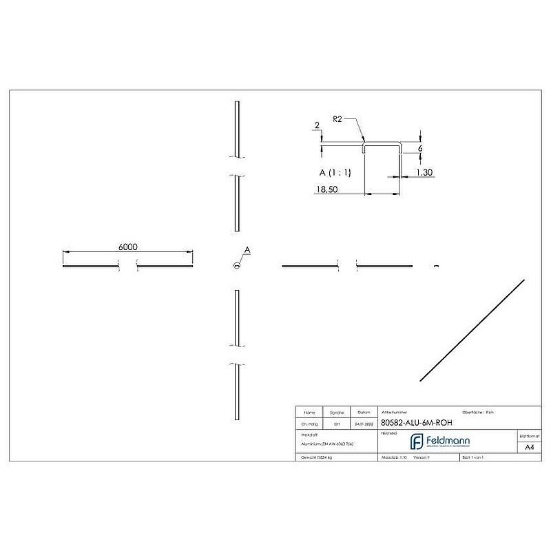 Kantenschutz EXTRA SLIM, für Glas 16,00 - 17,52mm, L: 6000mm, Aluminium roh