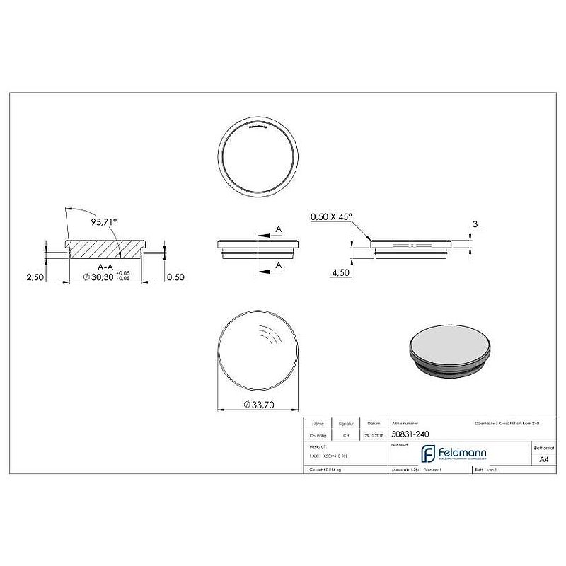Rohrabschlussstopfen, für Rohr 33,7x2,0mm, V2A