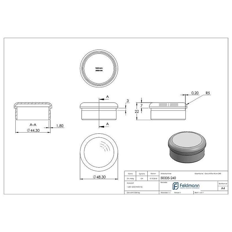 Bouchon pour extrémité de tube, pour tube 48,3x2,0mm, V2A