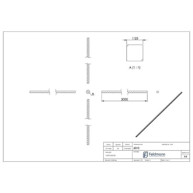 Carré S235JR, 25x25mm, L : 3000mm