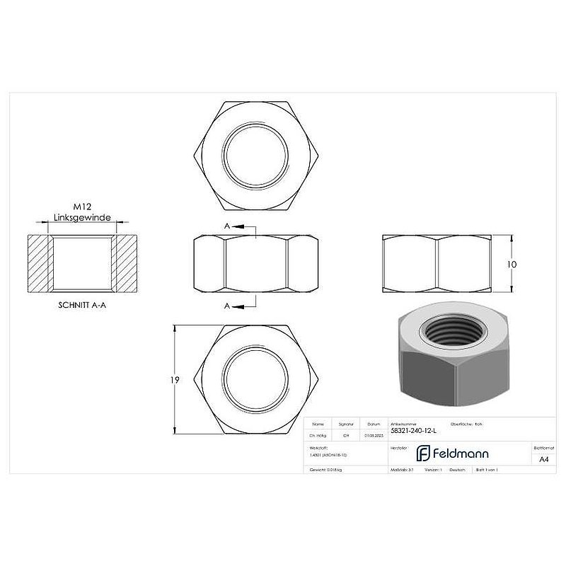 Écrou hexagonal M12 avec filetage à gauche, DIN 934, V2A