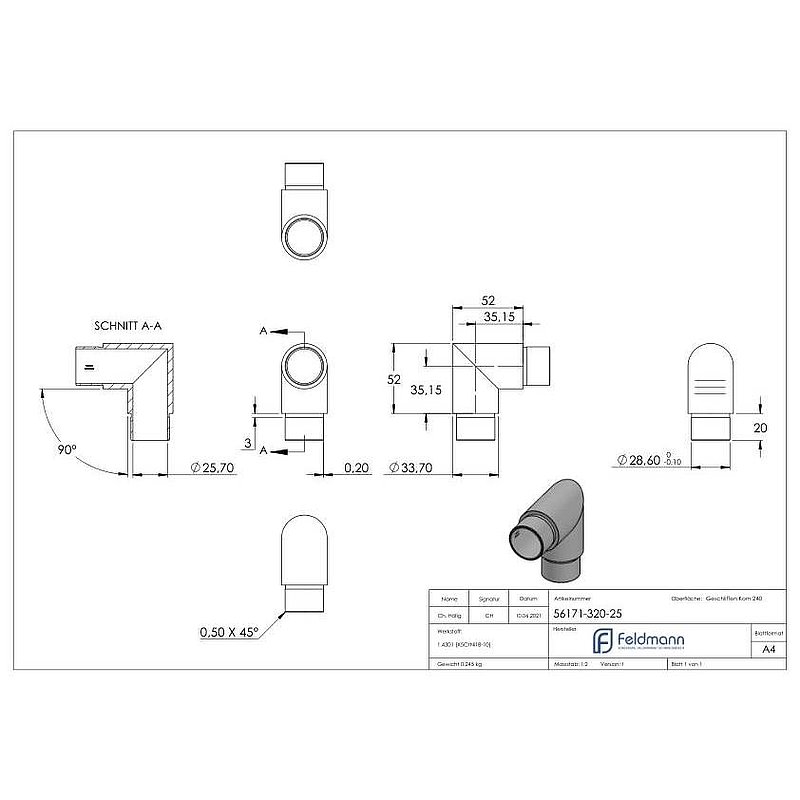 Corner piece 90°, for tube 33.7x2.5mm, AISI304
