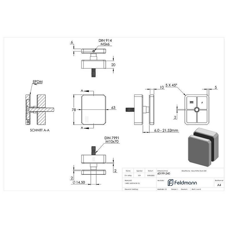 Point de fixation angulaire 63x78mm, droit, V2A