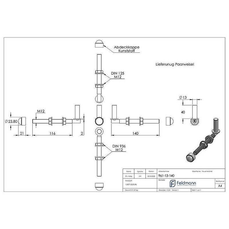 Kloben zum Durchschrauben für Ø 13mm, L: 140mm