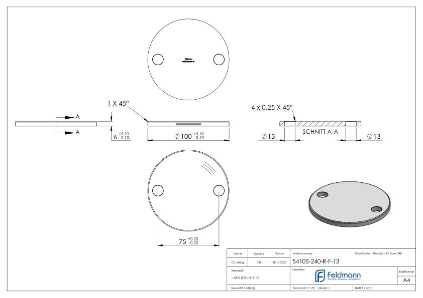 Ankerplatte Ø 100x6mm, mit Rundschliff und Fase, V2A