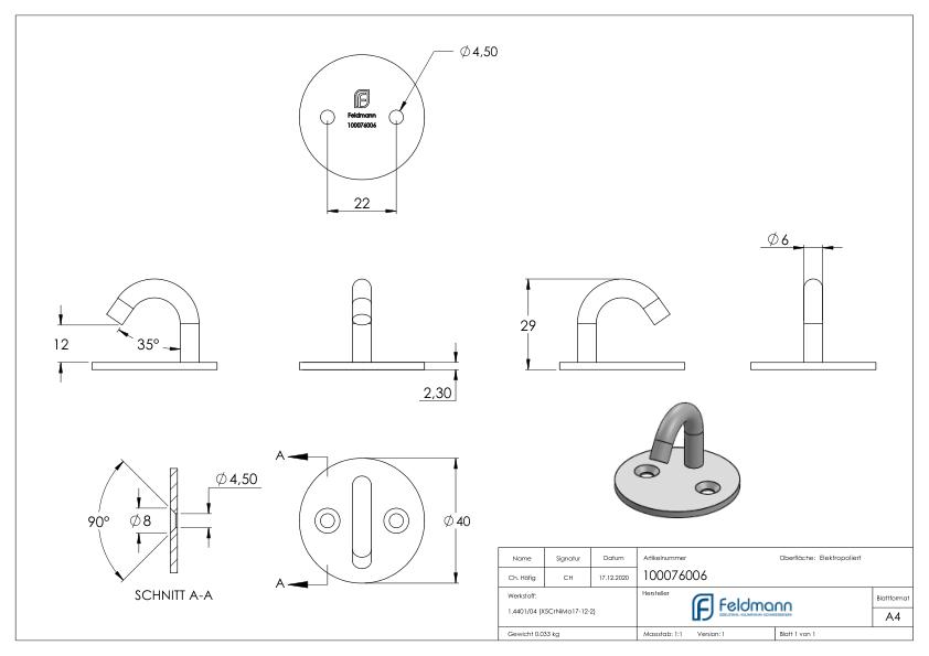 Befestigungsöse/Haken mit runder Platte V4A