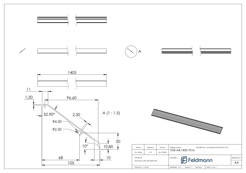 Design-Abdeckung für eleganza canopy, L: 1,405m, RAL 7016