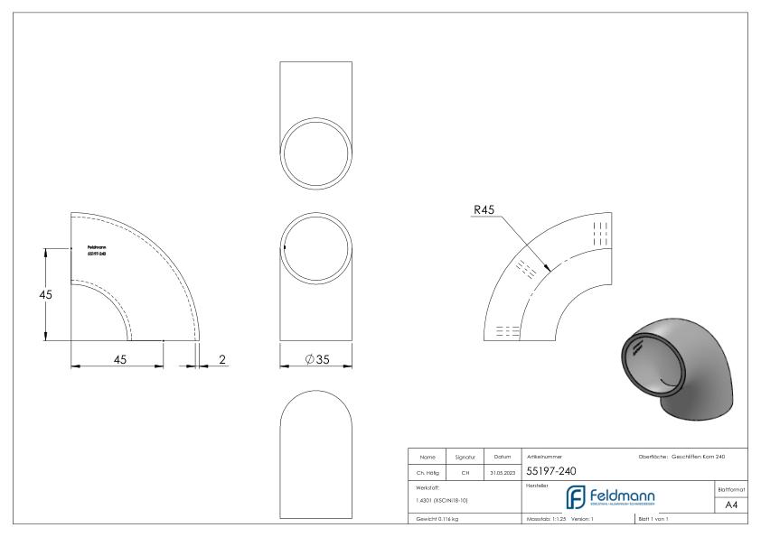 Schweißbogen 90°, 35,0 x 2,0mm, V2A