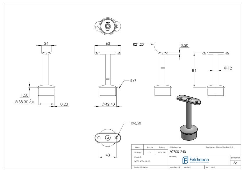 Rohrabschlussstopfen für Rohr 42,4x2,0mm, Handlaufanschlussplatte: 42,4mm, V2A