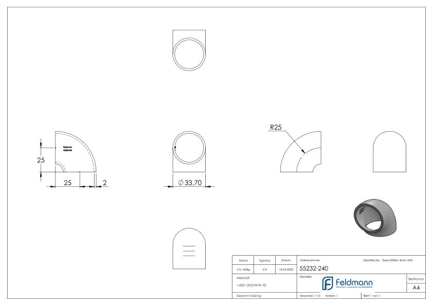 Schweißbogen 90°, 33,7x2,0mm, V2A
