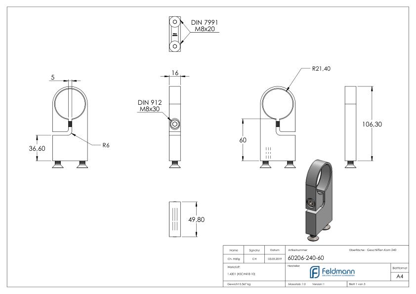 Spannring für Rohr 42,4mm, V2A