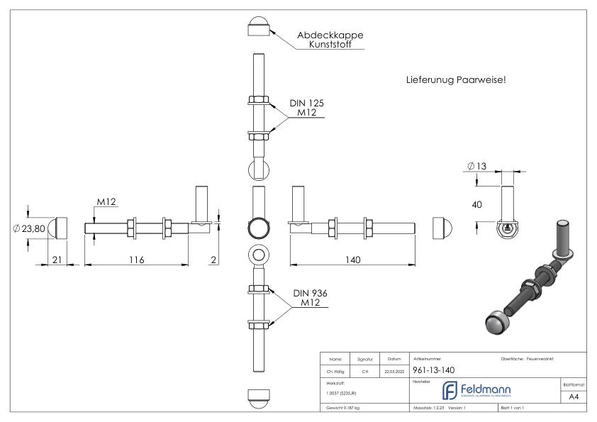 Kloben zum Durchschrauben für Ø 13mm, L: 140mm