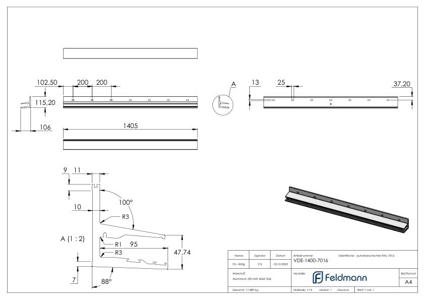Vordachprofil eleganza canopy, L: 1405mm, RAL7016