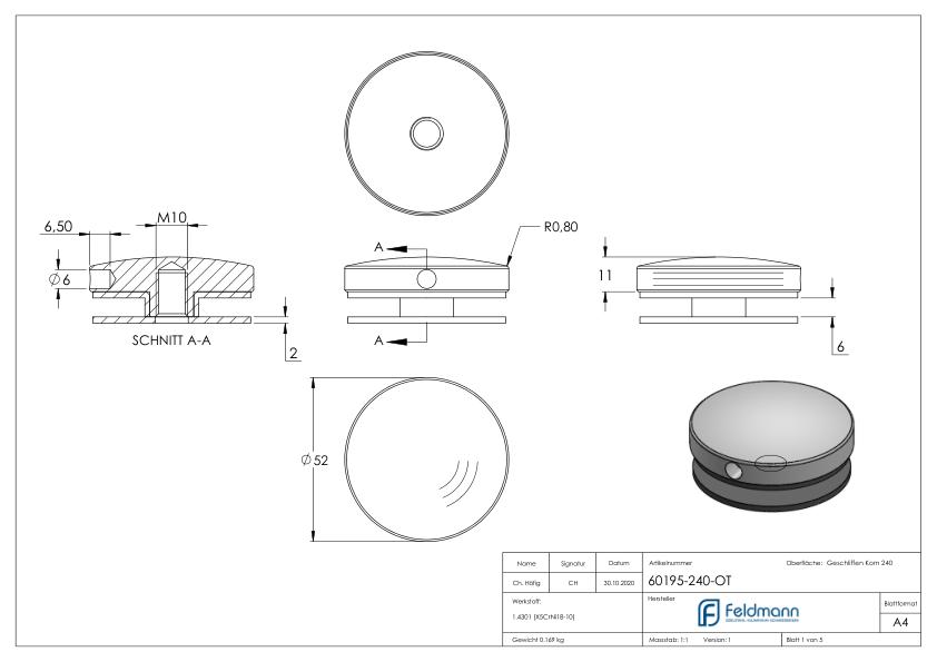 Oberteil für 52mm Glaspunkthalter, V2A Oberteil für 52mm Glaspunkthalter, V2A