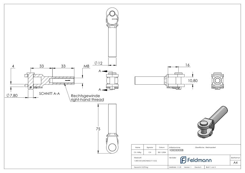 Gabelterminal mit Innengewinde M8 rechts, V4A