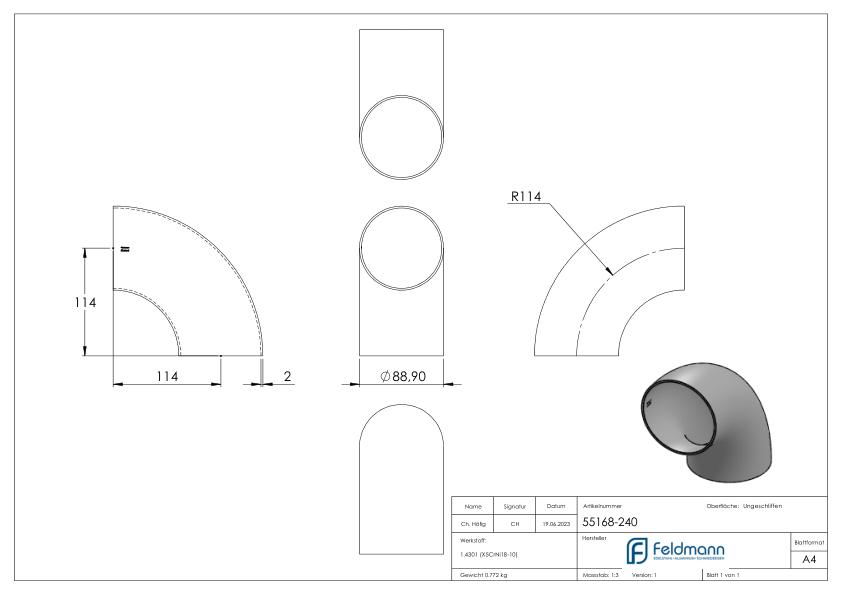 Schweißbogen 90°, 88,9 x 2,0mm, ungeschliffen, V2A