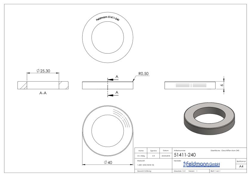 Abdeckring, 40x6mm, mit Bohrung 25,3mm, V2A