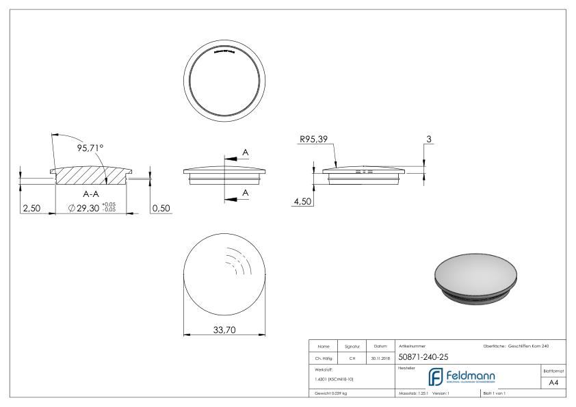 Rohrabschlussstopfen, für Rohr 33,7x2,5mm, V2A