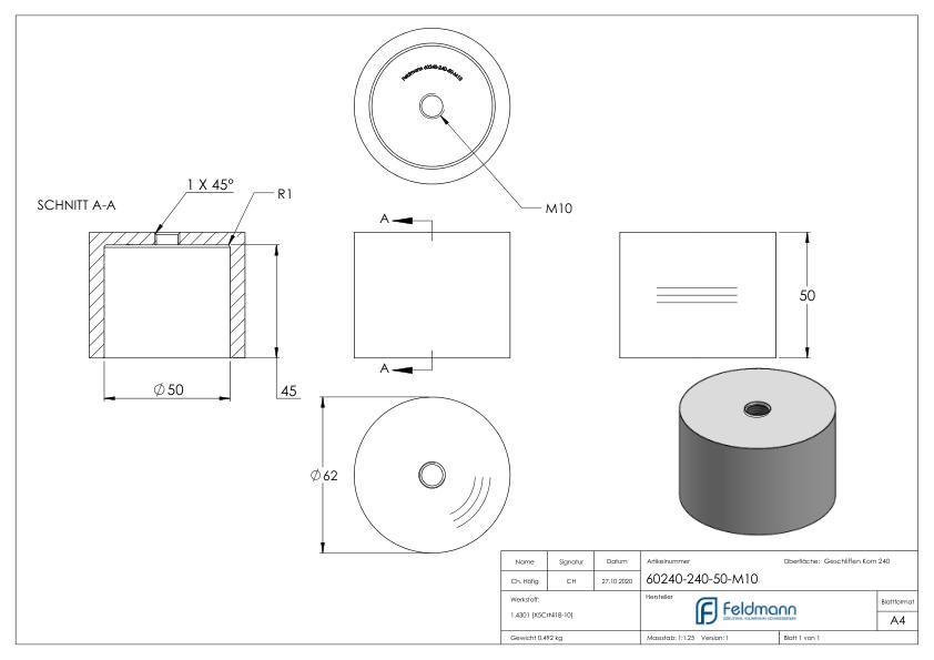 Unterteil für 62mm Glaspunkthalter, T: 50mm, mit M10, V2A Unterteil für 62mm Glaspunkthalter, T: 50mm, mit M10, V2A