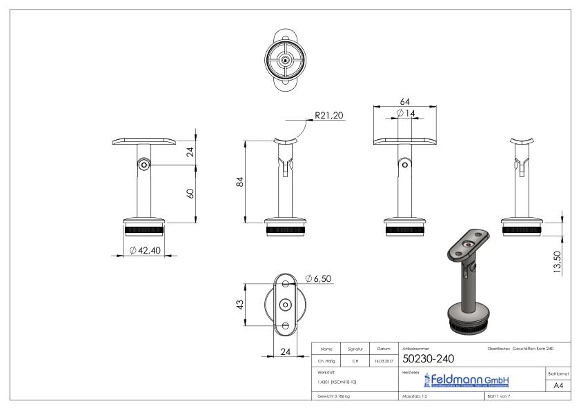 Rohrabschlussstopfen für Rohr 42,4x2,0mm, Handlaufanschlussplatte: 42,4mm, V2A