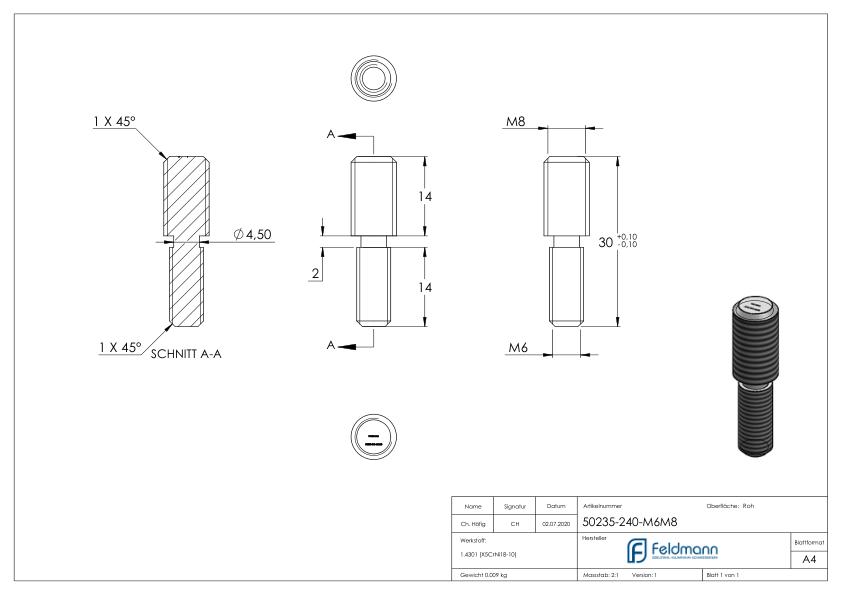 Gewindeadapter von M6 auf M8, V2A