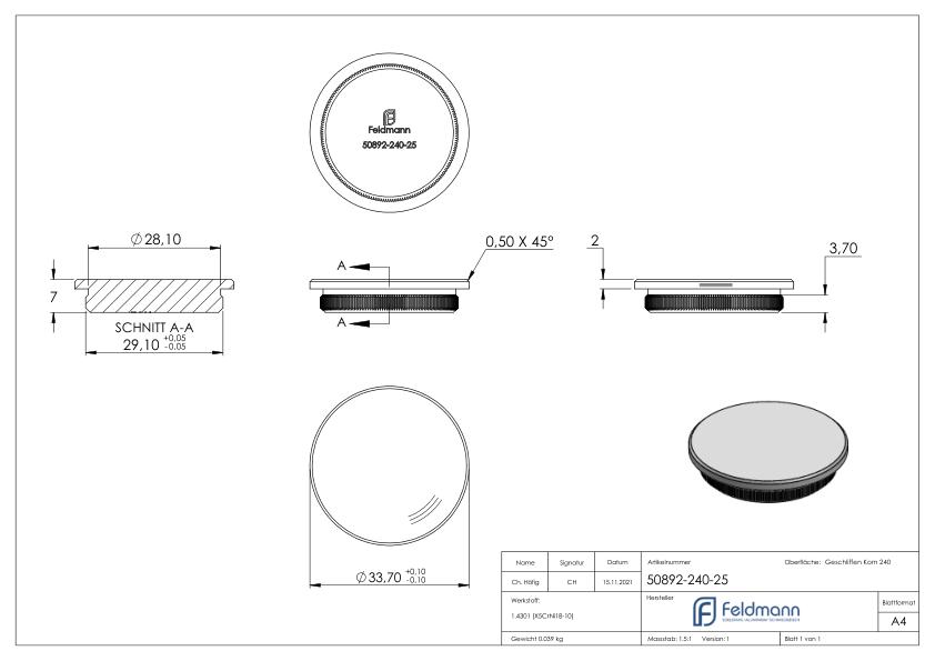 Rohrabschlussstopfen, für Rohr 33,7x2,5mm, V2A