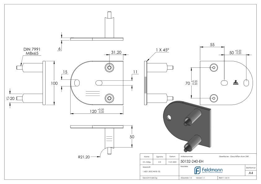 Endhalterung für Rohr 42,4mm, V2A