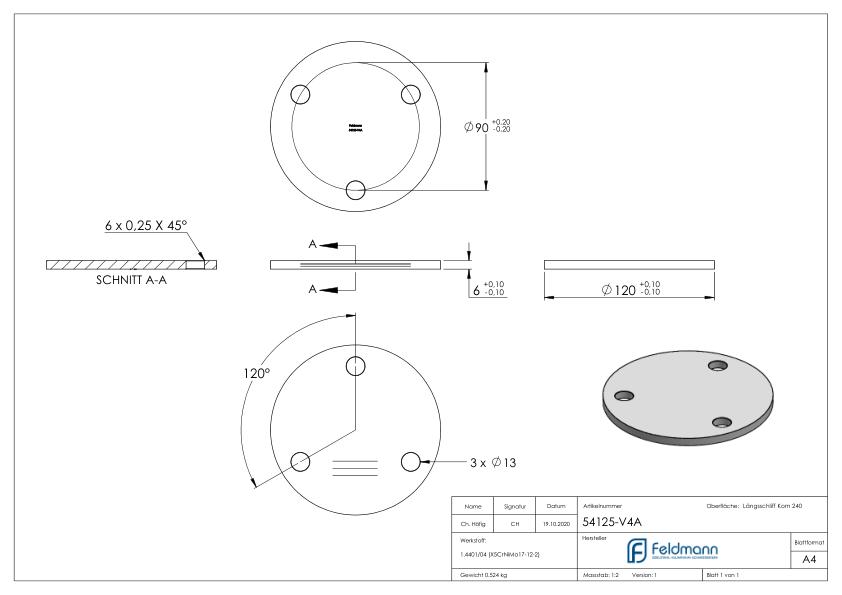 Ankerplatte Ø 120x6mm, mit Längsschliff, V4A