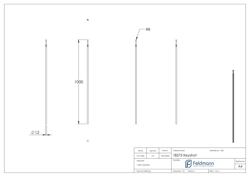 Zaunstab Ø 12mm, H: 1000mm, konisch, Kugel Ø 14mm