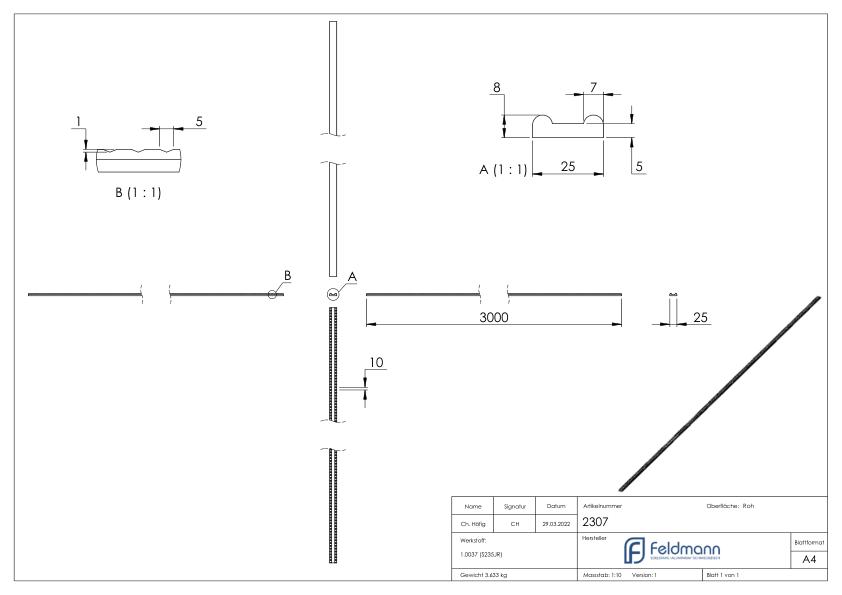 Hespeneisen gerillt 25x8x4mm, L: 3000mm