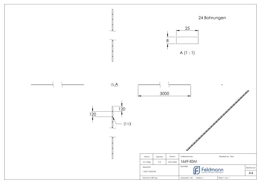 Lochleiste S235JR, 25x8mm, Lochabstand 120mm, 3000mm