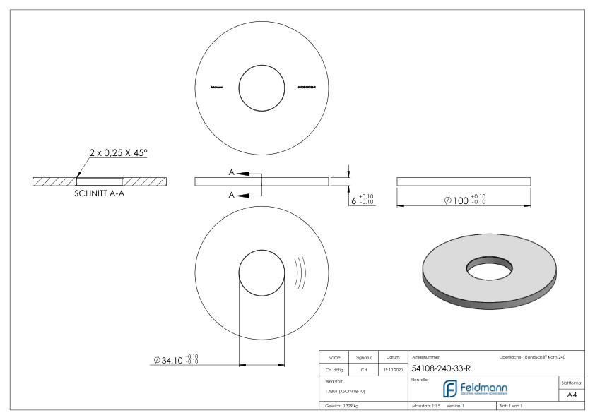 Ankerplatte Ø 100x6mm, mit Rundschliff, V2A