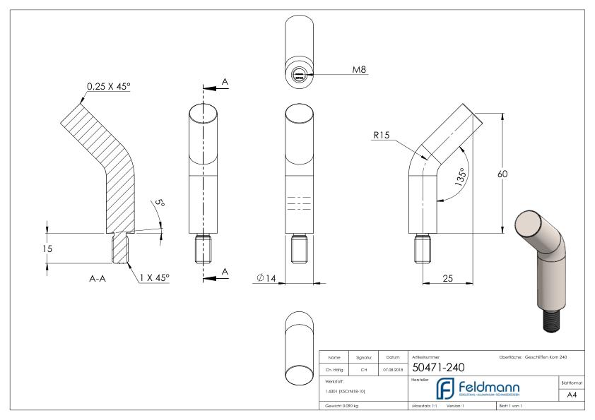 Stift Ø 14mm, L: 60mm, 135° gebogen, V2A