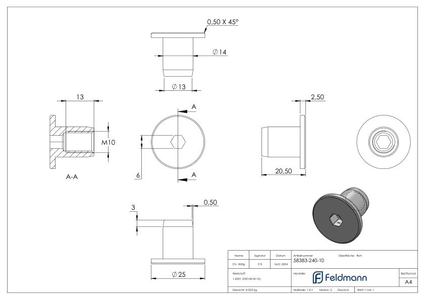 Hülsenmutter mit Flachkopf und ISK, M10, V2A