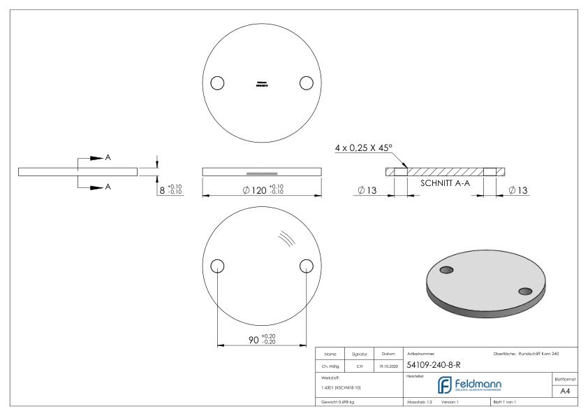 Ankerplatte Ø 120x8mm, mit Rundschliff, V2A