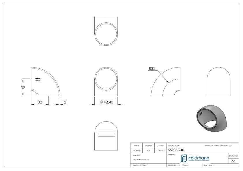 Schweißbogen 90°, 42,4x2,0mm, V2A