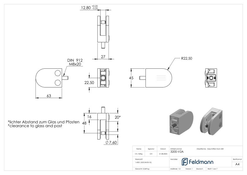 Glasklemme Mod. 32, Anschluss: gerade, V2A