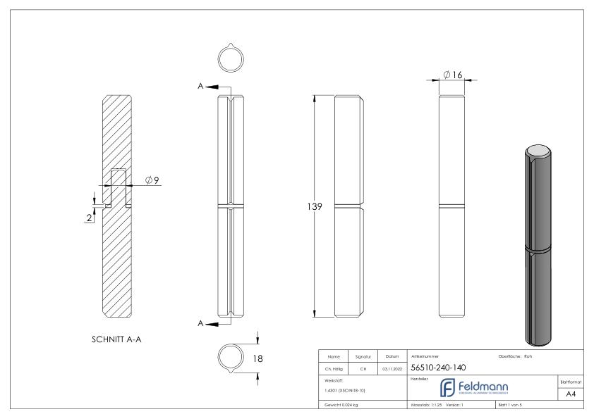 Anschweißband, L: 140mm, mit festem Stift, V2A