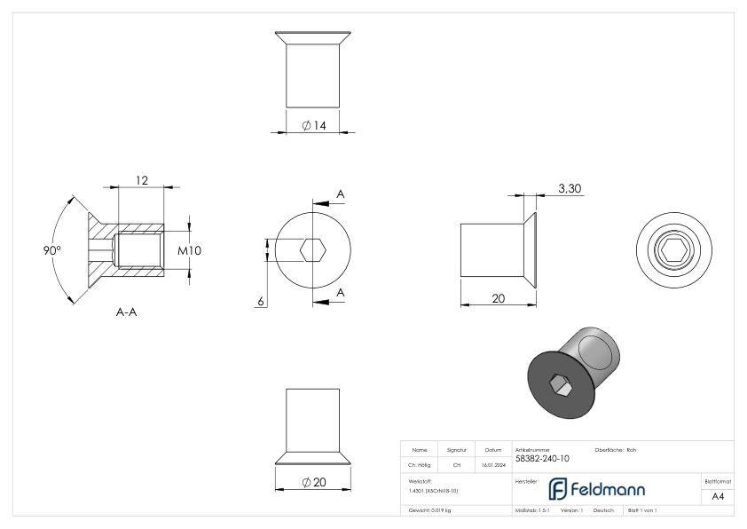 Hülsenmutter mit Senkkopf und ISK, M10x20, V2A