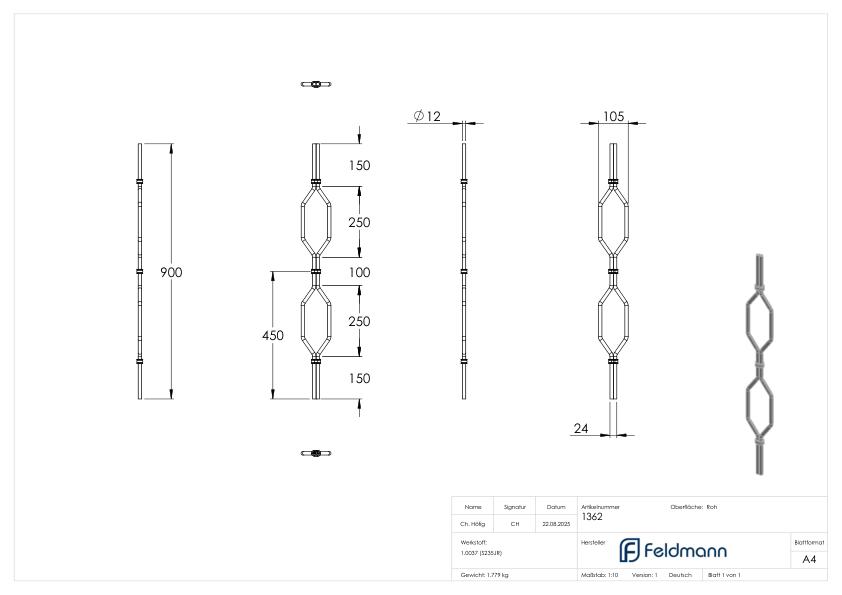 Designstab Ø 12mm, H: 900mm