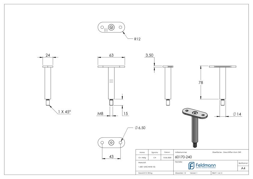 Stift Ø 14mm mit Handlaufanschlussplatte flach, V2A