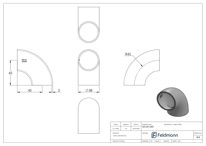 Schweißbogen 90°, 38,0 x 2,0mm, V2A