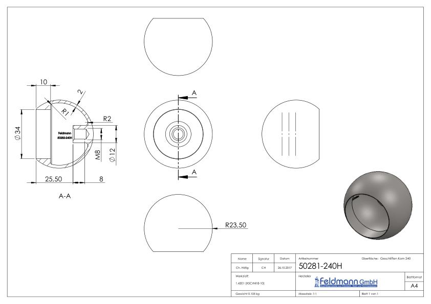 Rohrabschlusskugel hohl für 33,7mm Rohr, mit M8