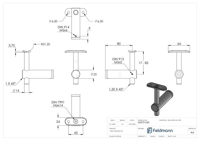 Handlaufhalter mit Handlaufanschlussplatte 42,4mm, V2A