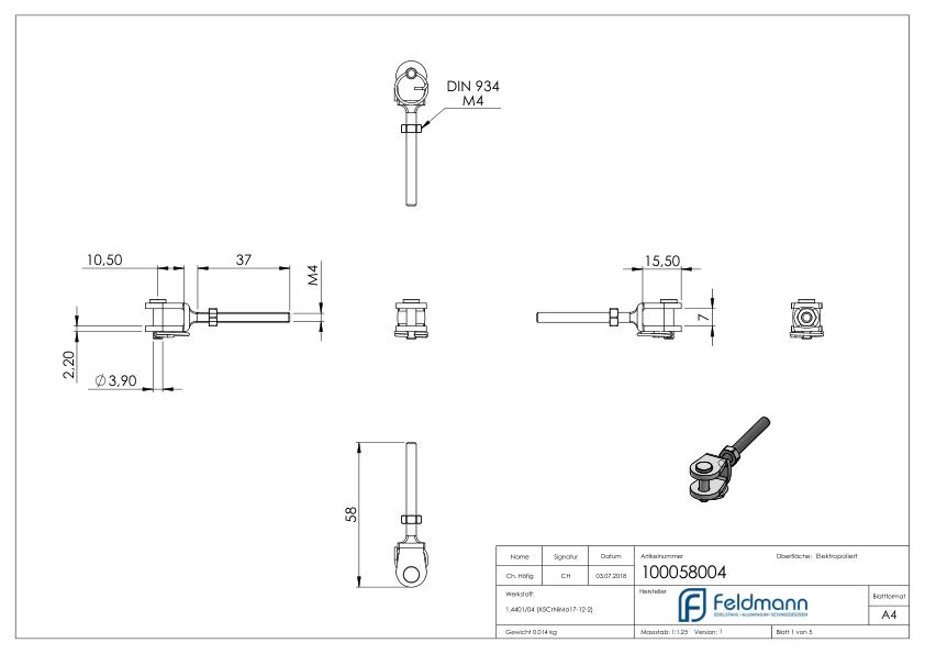 Gabelterminal mit Außengew. M4 rechts, V4A
